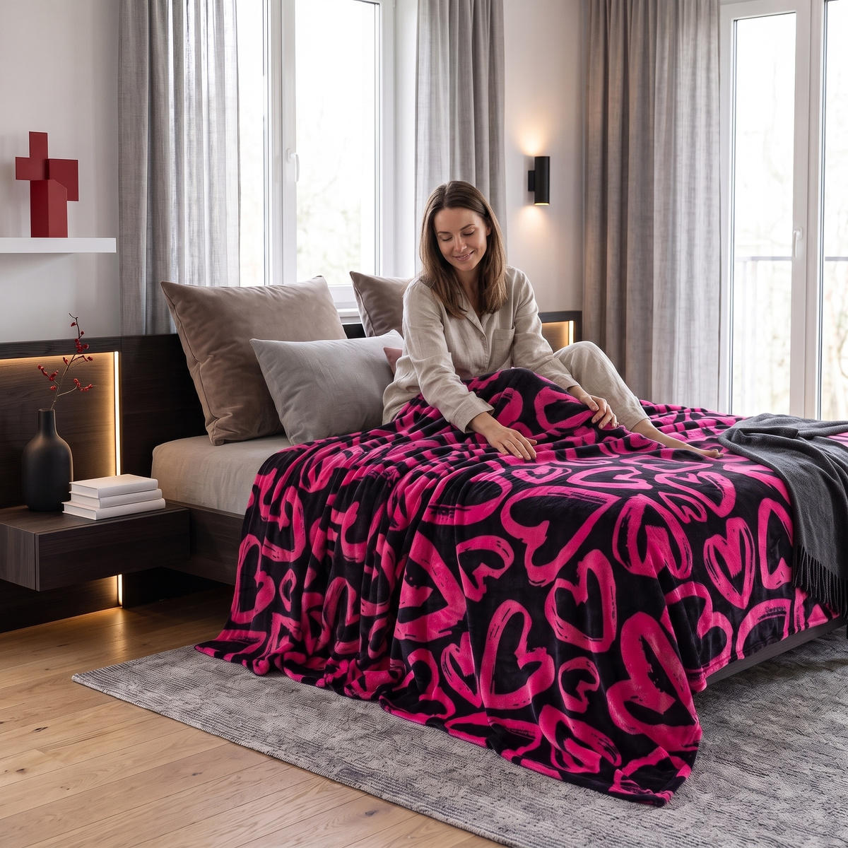 Koc narzuta Inger czarny w serca 160x200 – widok produktu rozłożonego na łóżku