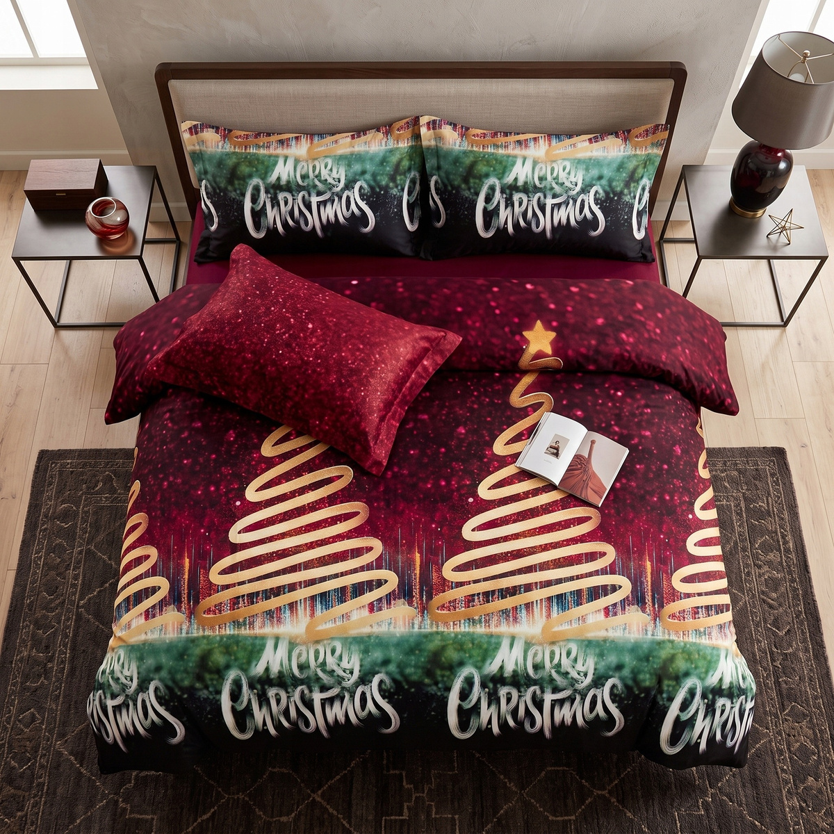 Pościel satynowa Dalwin 921 Łóżkoholicy 160x200 – motyw eleganckich choinek