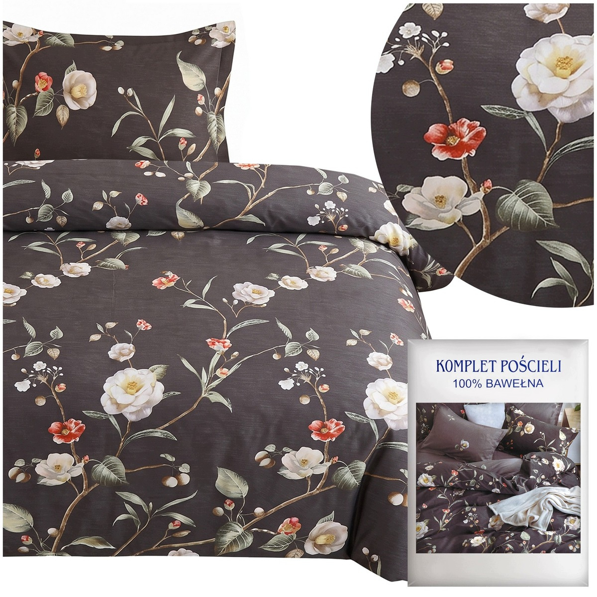 Pościel satynowa AIDA 140x200 botaniczny wzór i elegancki połysk