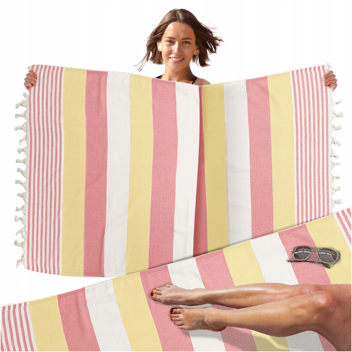 Ręcznik plażowy bawełniany Peri Hamam w stylu boho z pastelowymi pasami