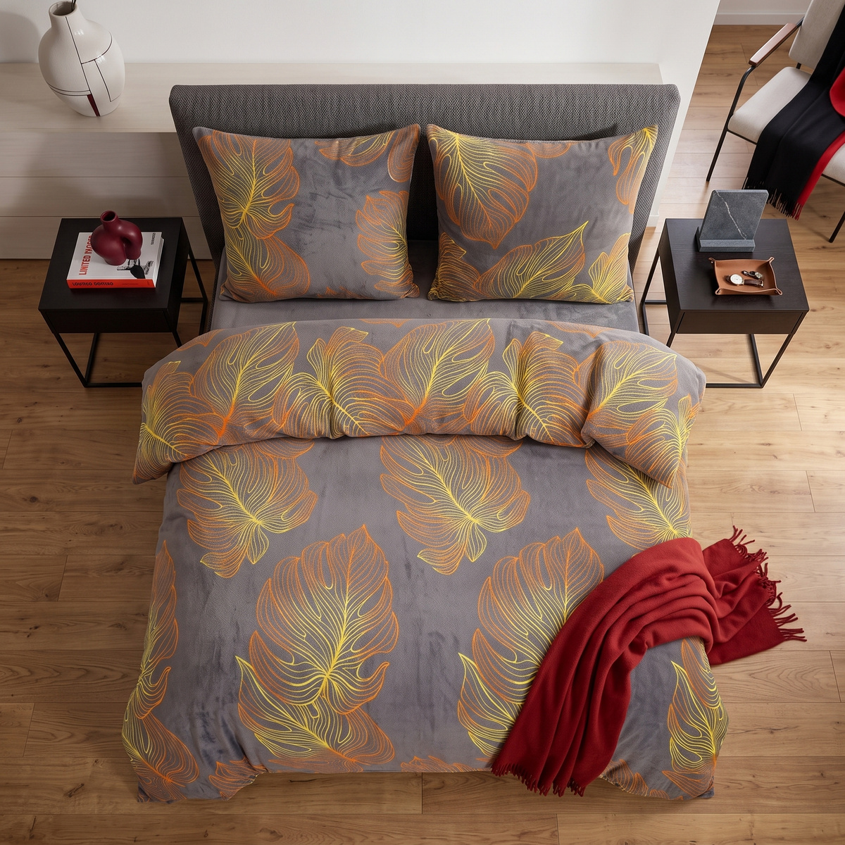 Pościel pluszowa Martino 160x200 – elegancki wzór liście do sypialni
